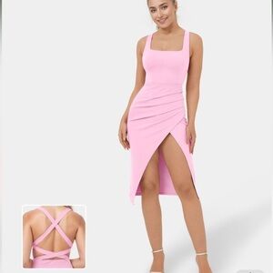 Halara Softlyzero Airy Ruched Split Asymmetric Backless Crisscross Bodycon Dress
